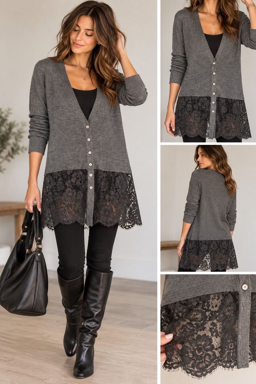 Wrap London 100% Merino Wool Cardigan Longline Lace Hem Lagenlook Boho Gray Sz 8